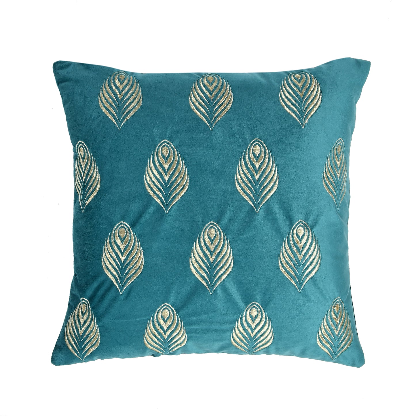 Feather Velvet Cushion Covers with zari embroidery (16*16 inch) (40*40 cm) (SET OF 5) (COLOR: TEAL)