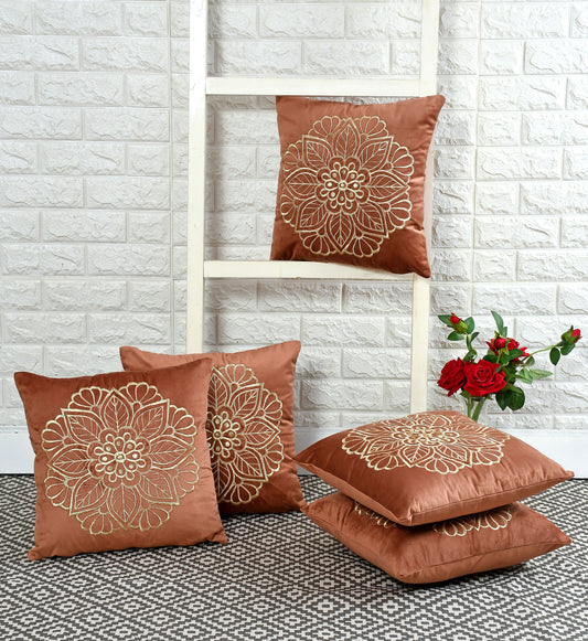 Imperial Velvet Cushion Covers with zari embroidery (16*16 inch) (40*40 cm) (SET OF 5) (COLOR: BRICK)