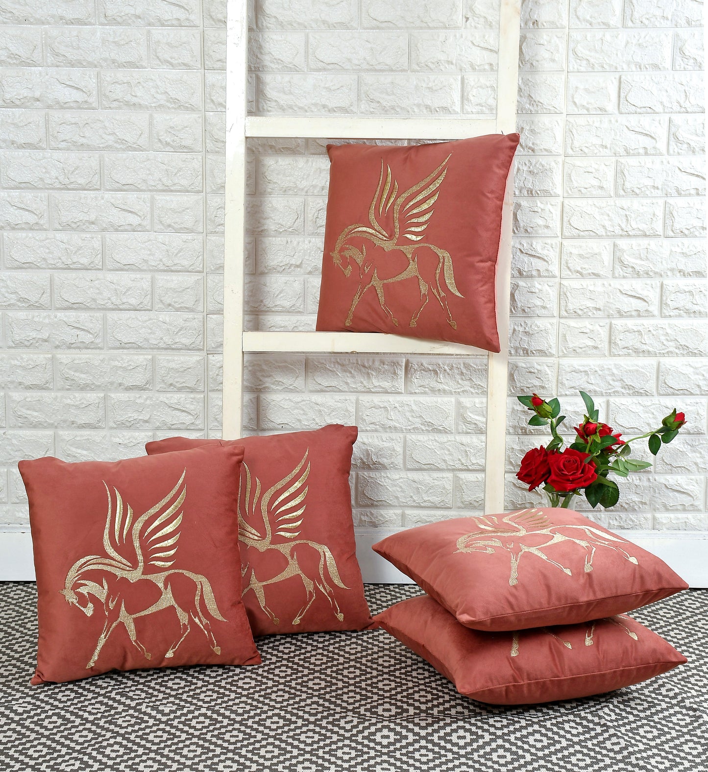 Flying Horse Velvet Embroidery Cushion Covers (16*16 inch) (40*40 cm) (SET OF 5) (COLOR: BRICK)