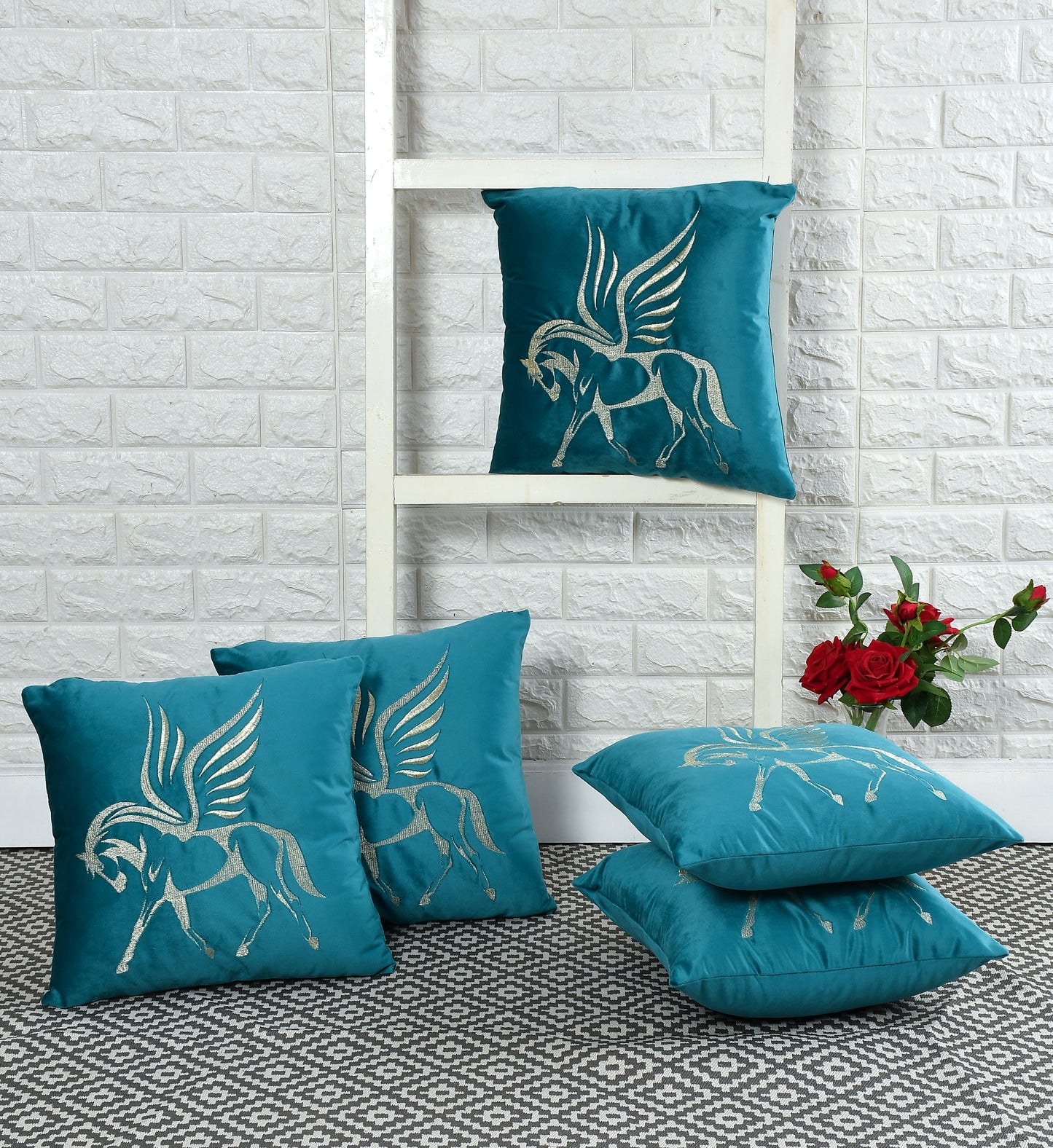 Flying Horse Velvet Embroidery Cushion Covers (16*16 inch) (40*40 cm) (SET OF 5) (COLOR: TEAL)