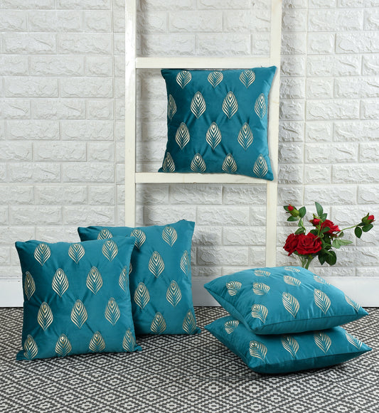 Feather Velvet Cushion Covers with zari embroidery (16*16 inch) (40*40 cm) (SET OF 5) (COLOR: TEAL)