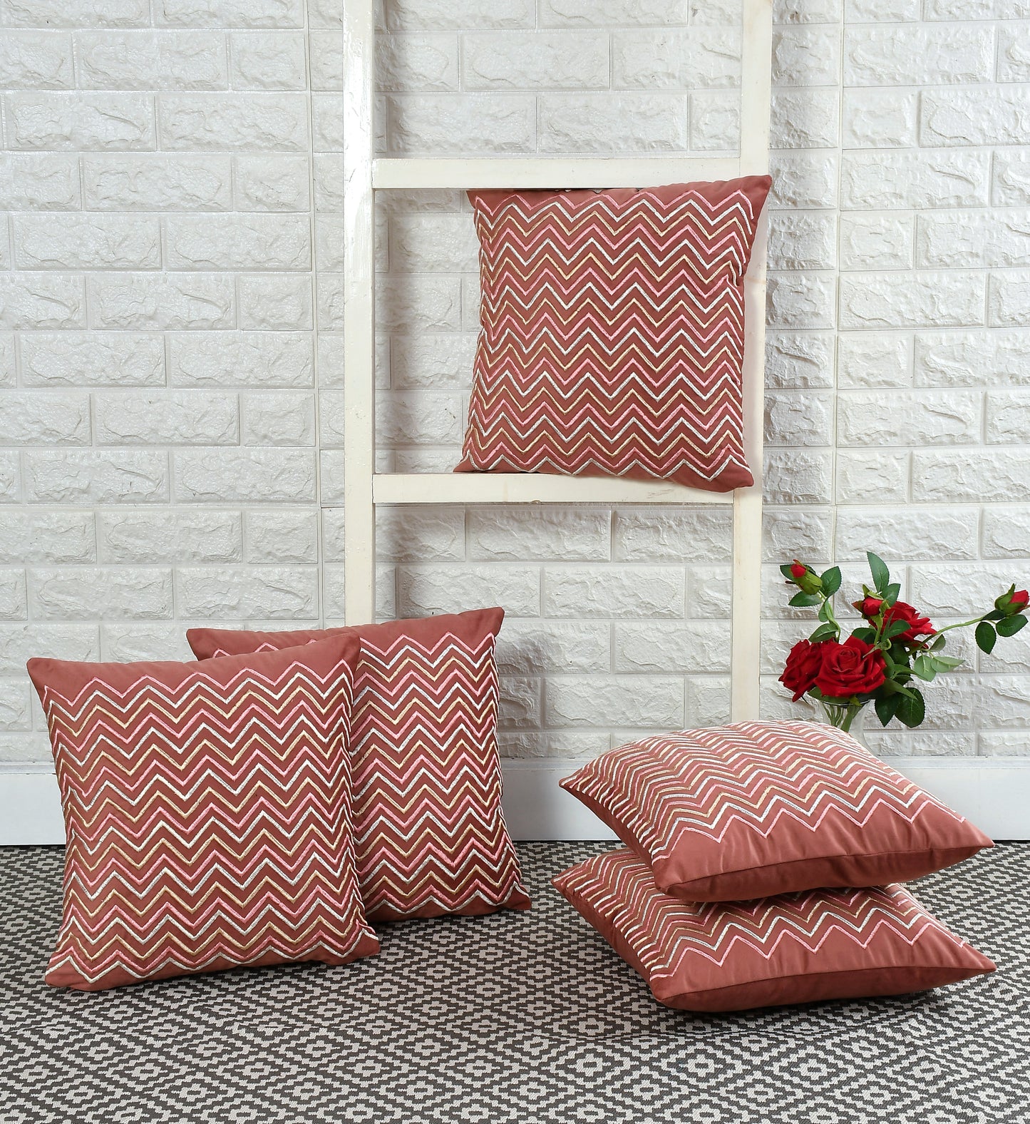 Chevron Velvet Embroidery Cushion Covers (16*16 inch) (40*40 cm) (COLOR: BRICK) (SET OF 5)