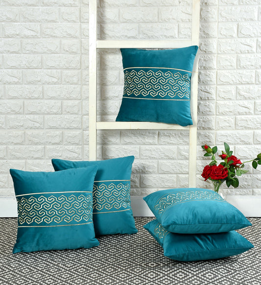 Jade Velvet Cushion Covers with zari embroidery (16*16 inch) (40*40 cm) (SET OF 5) (color: Teal)