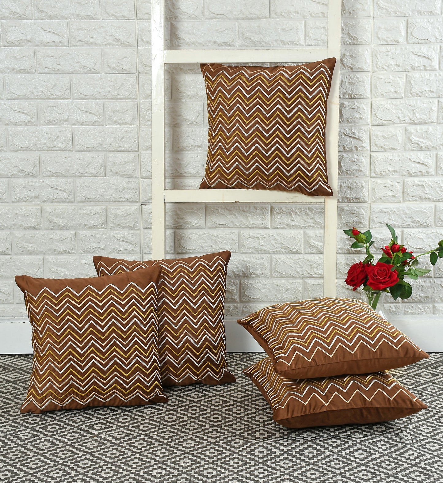 Chevron Velvet Embroidery Cushion Covers (16*16 inch) (40*40 cm) (SET OF 5) (BROWN)