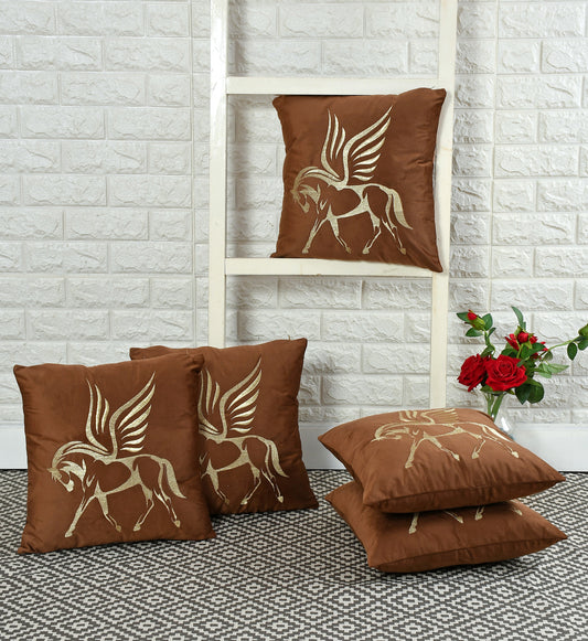 Flying Horse Velvet Embroidery Cushion Covers (16*16 inch) (40*40 cm) (SET OF 5) (COLOR: BROWN)