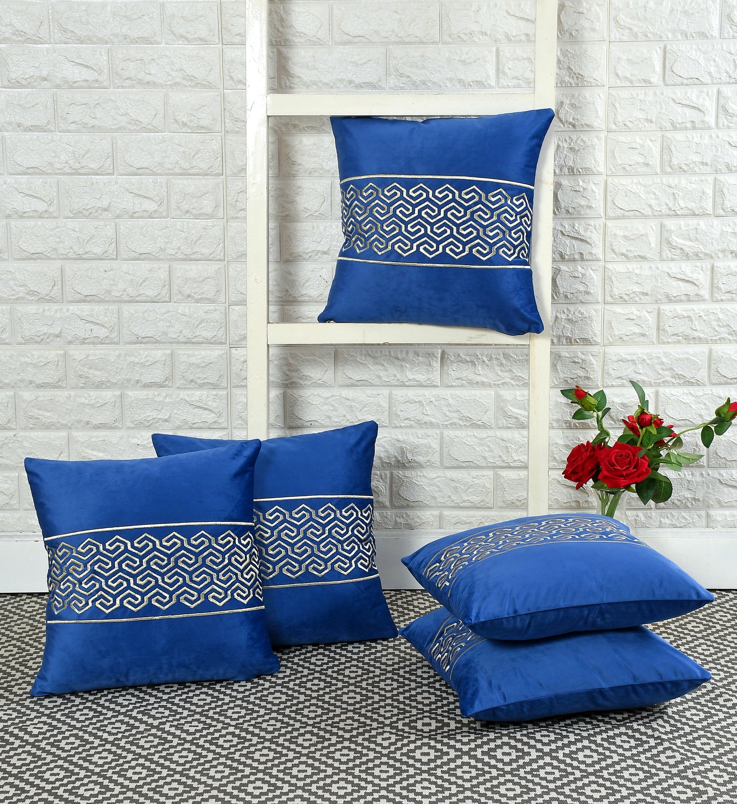 Jade Velvet Cushion Covers with zari embroidery (16*16 inch) (40*40 cm) (SET OF 5) (BLUE)