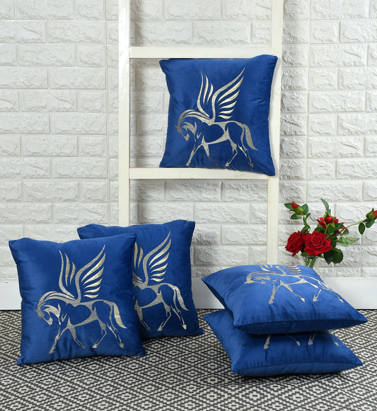 Flying Horse Velvet Embroidery Cushion Covers (16*16 inch) (40*40 cm) (SET OF 5) (Blue)