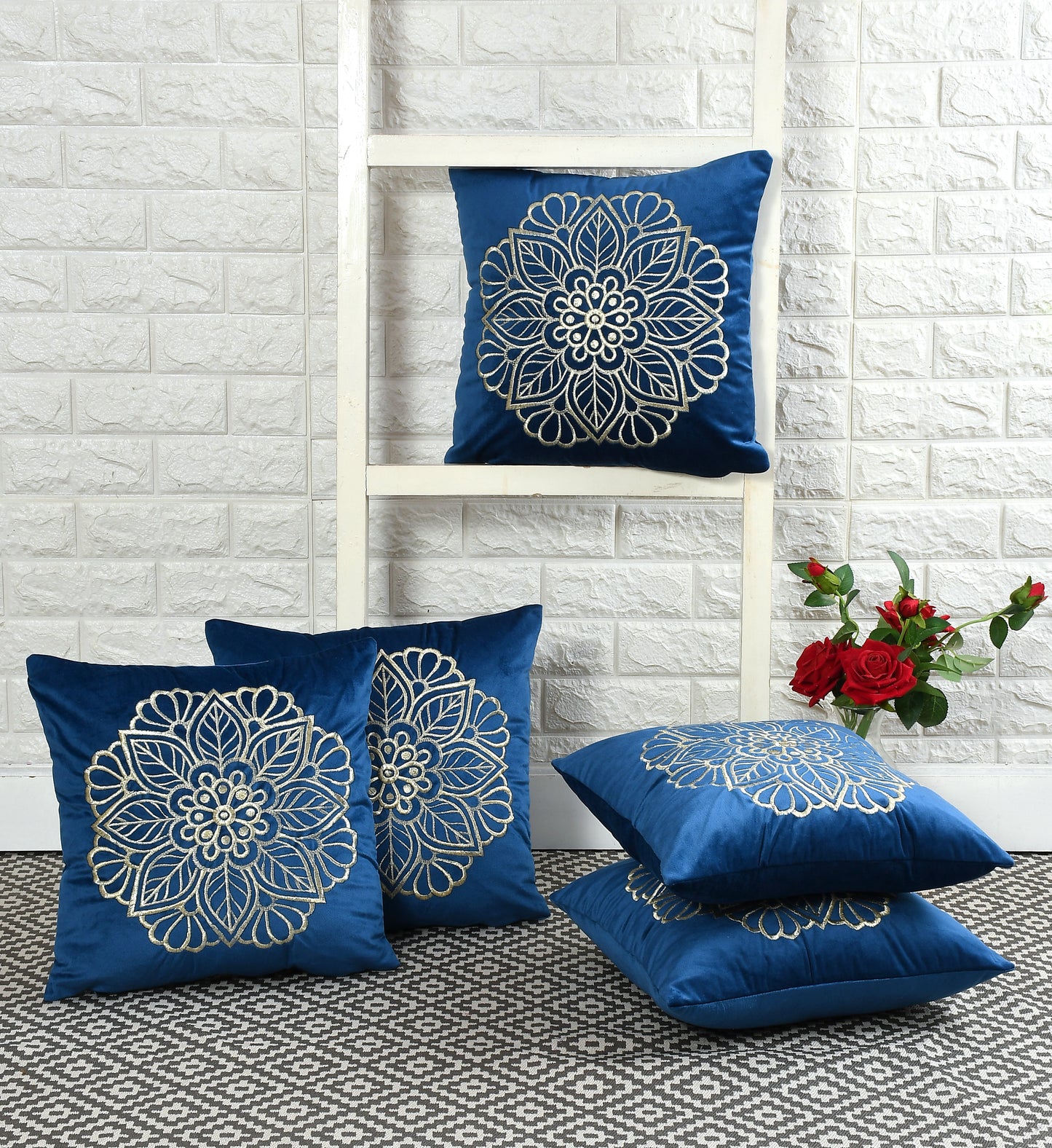 Imperial Velvet Cushion Covers with zari embroidery (16*16 inch) (40*40 cm) (SET OF 5) (BLUE)