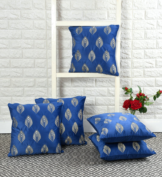 Feather Velvet Cushion Covers with Zari Embroidery (16*16 inch) (40*40 cm) (SET OF 5) (BLUE)