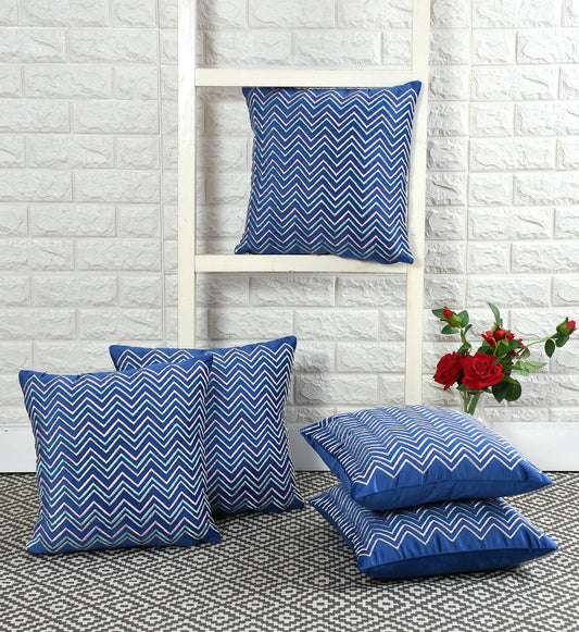 Chevron Velvet Embroidery Cushion Covers (16*16 inch) (40*40 cm) (SET OF 5) (BLUE)