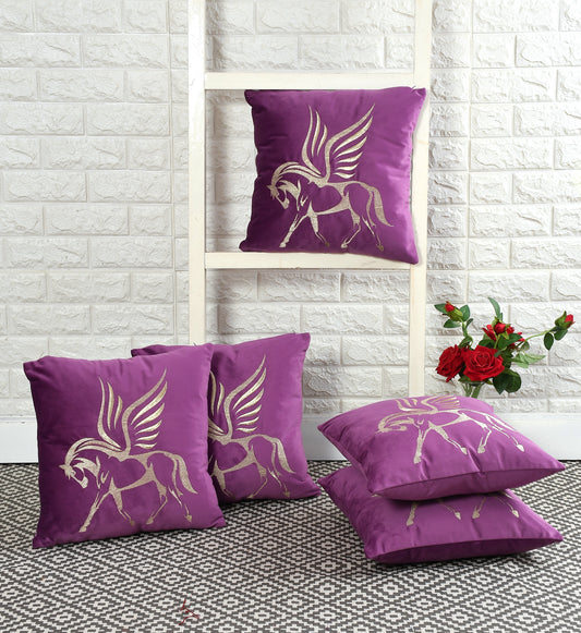 Flying Horse Velvet Embroidery Cushion Covers (16*16 inch) (40*40 cm) (SET OF 5) (COLOR: PURPLE)