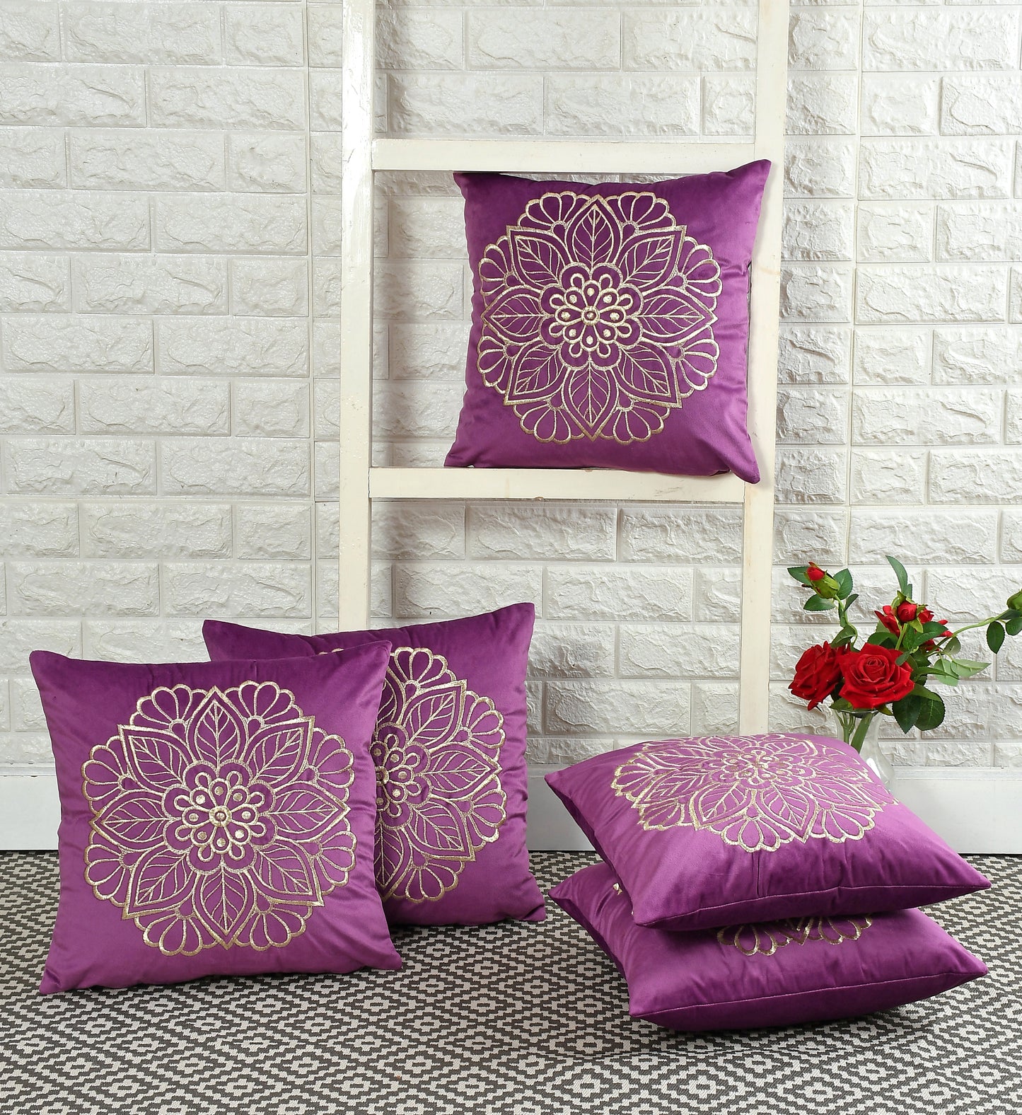 Imperial Velvet Cushion Covers with zari embroidery (16*16 inch) (40*40 cm) (SET OF 5) (PURPLE)