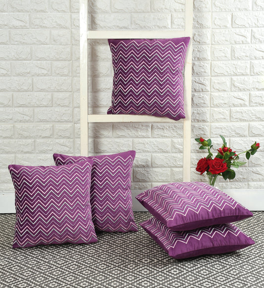 Chevron Velvet Embroidery Cushion Covers (16*16 inch) (40*40 cms) (Purple) (set of 5)