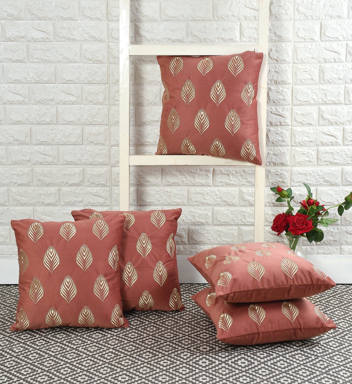 Feather Velvet Cushion Covers with zari embroidery (16*16 inch) (40*40 cm) (SET OF 5) (COLOR: BRICK)