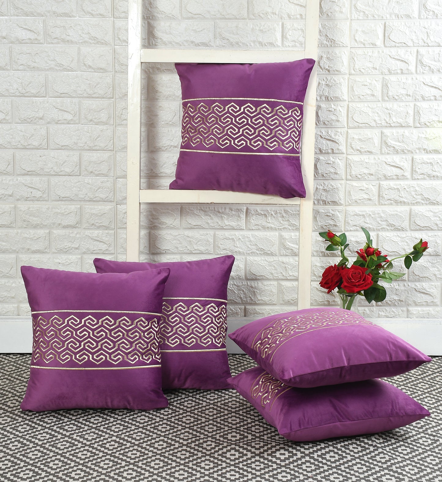 Jade Velvet Cushion Covers with zari embroidery (16*16 inch) (40*40 cm) (SET OF 5) (Purple)