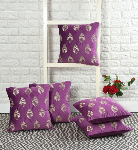 Feather Velvet Cushion Covers with zari embroidery (16*16 inch) (40*40 cm) (SET OF 5) (COLOR: PURPLE)