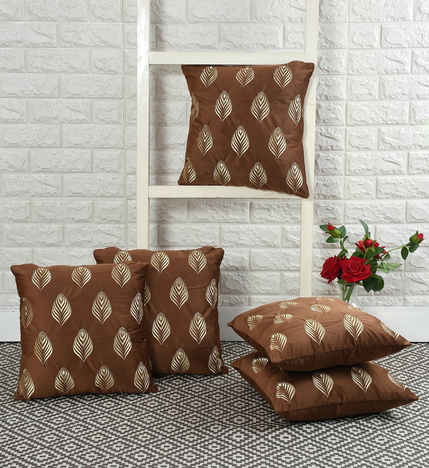 Feather Velvet Cushion Covers with zari embroidery (16*16 inch) (40*40 cm) (SET OF 5) (COLOR: BROWN)