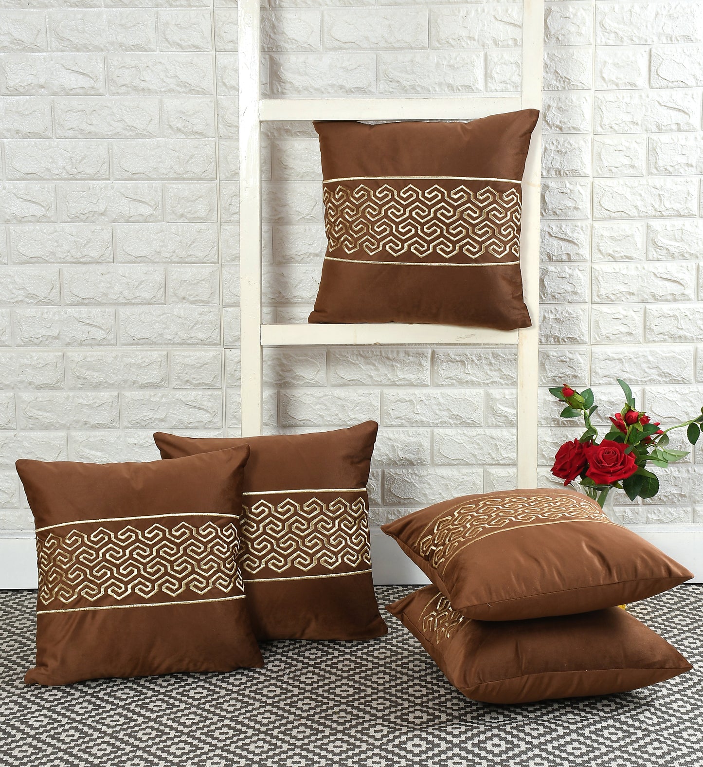 Jade Velvet Cushion Covers with zari embroidery (16*16 inch) (40*40 cm) (SET OF 5) (BROWN)