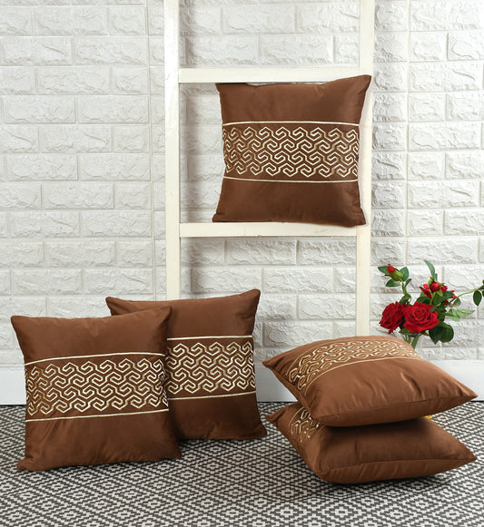 Jade Velvet Cushion Covers with zari embroidery (16*16 inch) (40*40 cm) (SET OF 5) (BROWN)