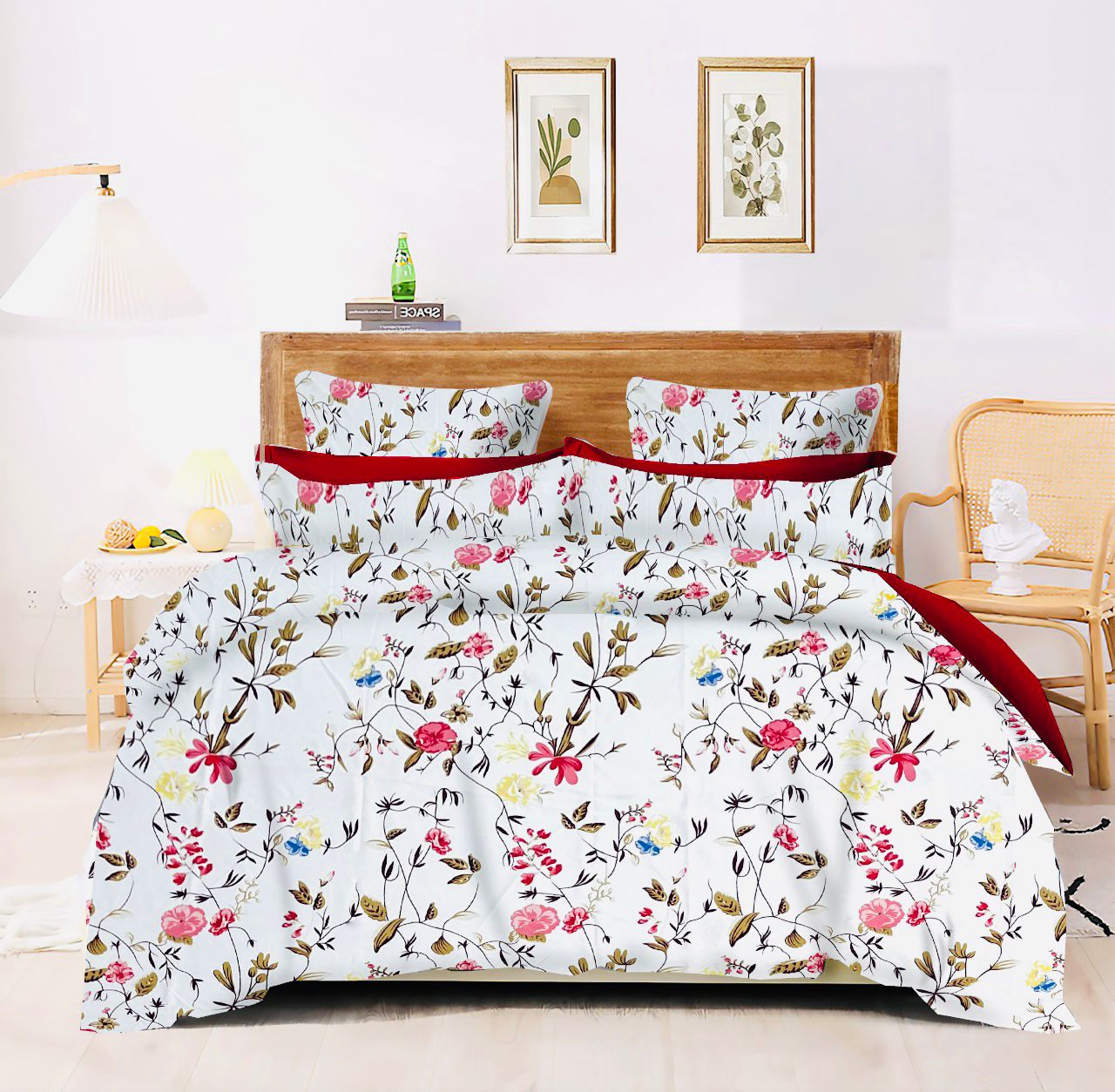 Suburb / Essence / Queen Size FlatSheet (230*250 cm) with 2 Pillow Cases (46*71 cm) / 200 TC Soft Brushed Glace Cotton Feel / Design : WHITE FLORAL