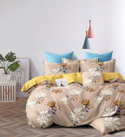 Suburb / Essence / Queen Size FlatSheet (230*250 cm) with 2 Pillow Cases (46*71 cm) / 200 TC Soft Brushed Glace Cotton Feel / Design : BEIGE BROWN FLORAL