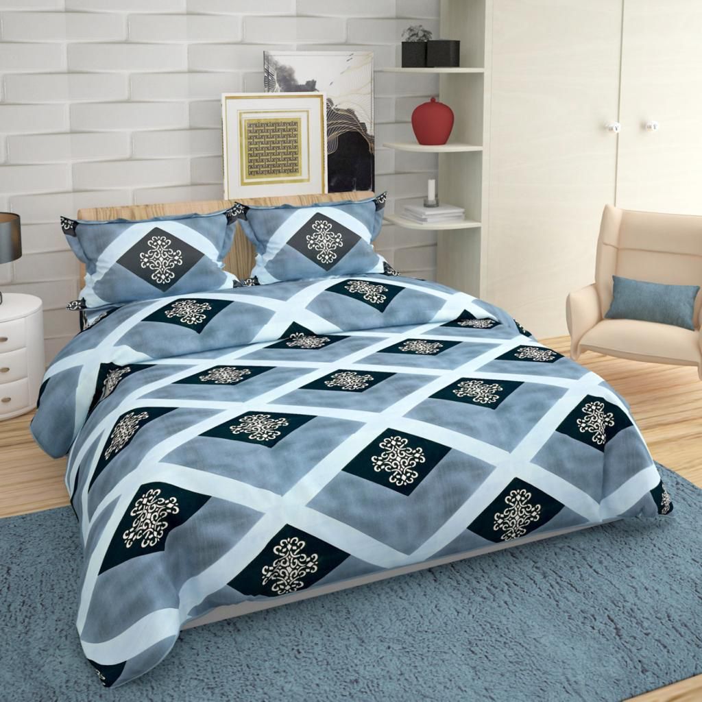 Suburb / Essence / Queen Size FlatSheet (230*250 cm) with 2 Pillow Cases (46*71 cm) / 200 TC Soft Brushed Glace Cotton Feel / Design : BLUE GREY DAMASK